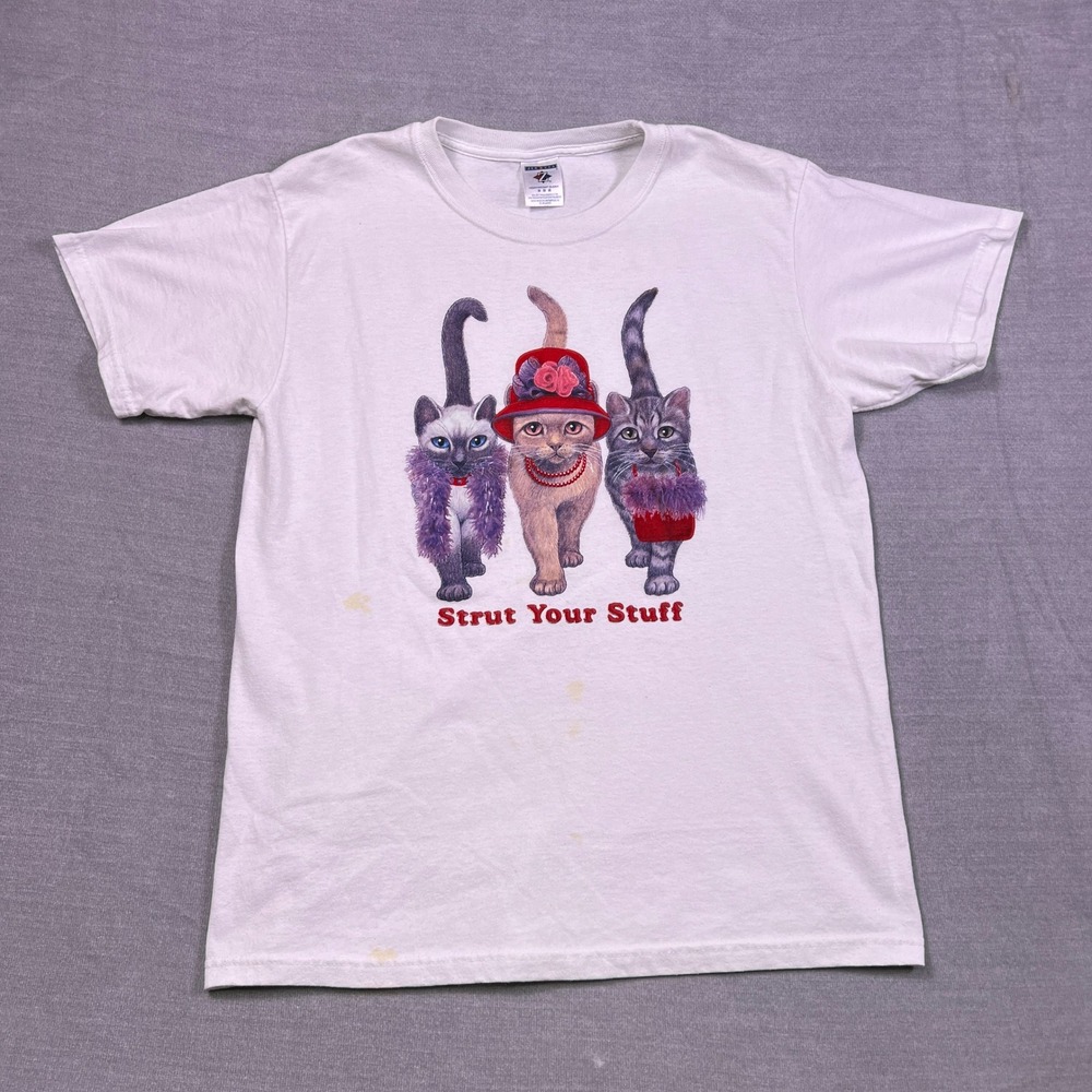 Vintage Jerzees Strut Your Stuff Cat Graphic T-Shirt White Women Medium